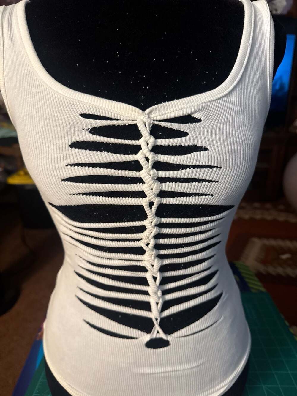 Hand cut Slit Weave Tank Top White Shredded Cut Out